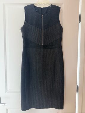 Sleeveless Dark Grey Midi Sheath Dress with Front Zip